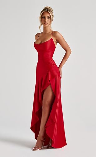 Satin Mermaid Prom Dresses for Women 2025 V-Neck Ruffled Slit Spaghetti Straps Long Evening Gown Formal Dress2