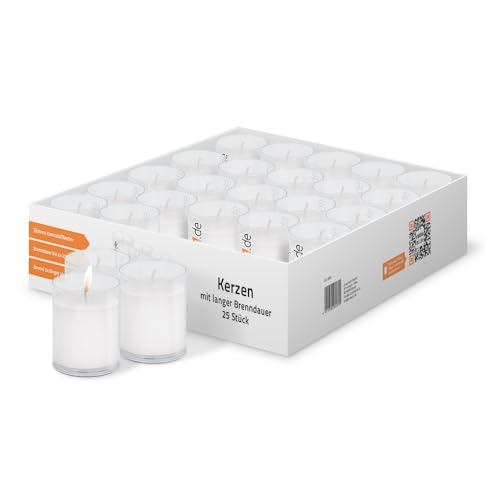 ration1.de 25 Kerzen, Teelichter groß, 24 Stunden Brenndauer, weiß, transparent, Lichter Set unparfümiert, in Glas aus Kunststoff klar, ohne Duft, rußfrei, Deko für Innen & Außen, Gastro, Party