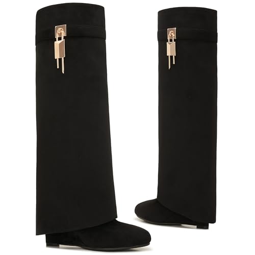 Image of Fold Over Boots for Women Pointy Pull-on Wedge Heel Knee Shark Boot With Side Zipper Padlock Design