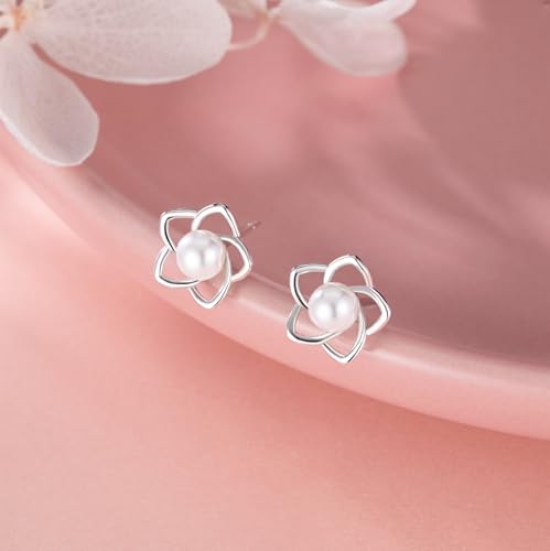 Reffeer 925 Sterling Silver Small Pearl Flower Earrings Studs for Women Teens Unique Petite Flower Studs Earrings4