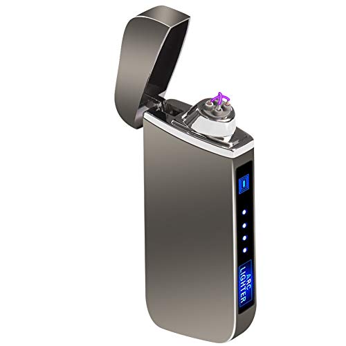 Hefeiyu Electric Lighter Rechargeable USB, Dual Arc, Windproof, LED Battery Indicator, Automatic Protection, Metal, Modern, Back + Gray
