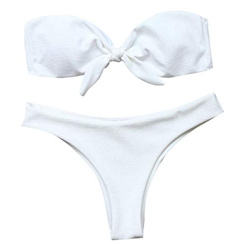 Strapless Womens Bathing Suits Bowknot Bandeau Two Piece Polka Dot Bikini with Bottom Beach Wrap Swimsuits White L US Size 6