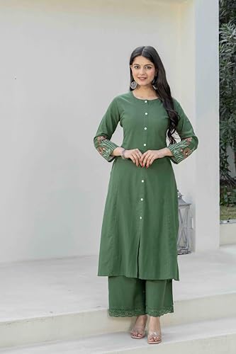 Image of Pistaa's Women Cotton Elegant Off-White Floral Embroidered Sleeves Kurta Palazzo Set
