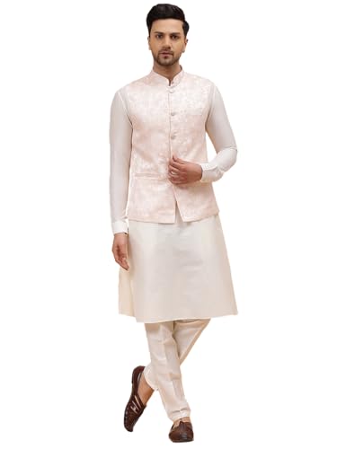 See Designs Men Off White Kurta Pajama & Peach Woven Design Jacquard Nehru Jacket_Sdnj23501M