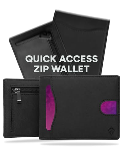 AKIELO Tarjetero de Hombre Bloqueo RFID Plegable con Bolsillo a Cremallera y Caja Regalo – Elegante Cartera de Hombre y Minimalista Cartera Tarjetero (Delta - Edición Negra con Cremallera)