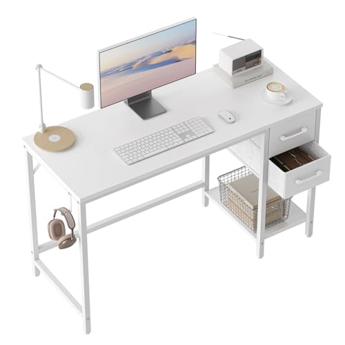 Small White Computer Desk with Drawers for Home Office