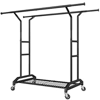 Wiracks Heavy Duty Clothes Rack Double Clothing Rack 450lbs Capacity 3\" Industrial Wheels 51\"-71\" L X 19.7\" D X 73\"-79\" H Stury Rolling Clothes Rack Adjustable Rolling Garment Rack Black