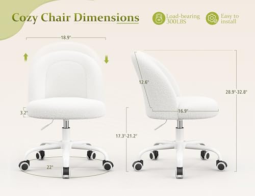Image of DurayLoly White Vanity Chair with Wheels, Cute Desk Chair with Back, Armless Chair with Height Adjustable & 360 Swivel, Soft Lumbar Support for Small Space, Bedroom
