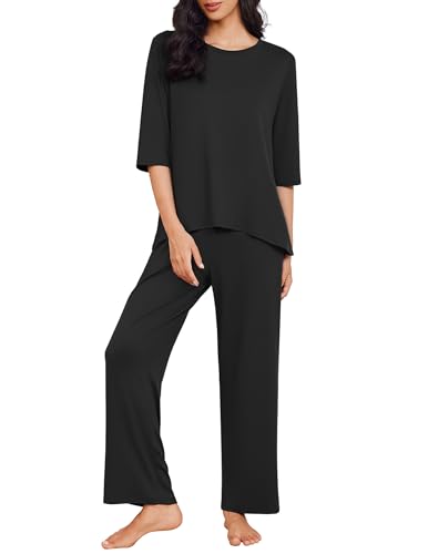 Ekouaer Womens Pajamas Sets 2 Piece Lounge Set 3/4 Sleeve Tops and Long Pants Soft Pjs Loungewear with Pockets Black Large