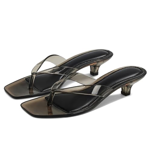 Image of Dsevht Jelly Kitten Heel Sandals for Women Flip Flop Thong Cute Low Small Heel Clear Square Open Toe Summer Beach Slip On heeled sandal Mule Shoes