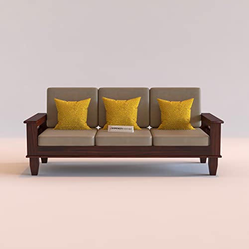 Image of Wooden 3 Seater Sofa Set for Living Room, Three Seater Sofa with Side Magzine & Newspaper Holder for Office & Lounge, Sheesham Wood, Mahogany