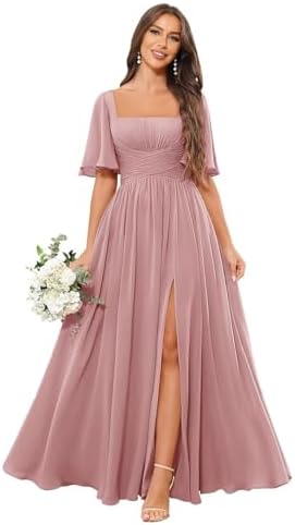 JKMMYO Square Neck Bridesmaid Dresses with Slit Pockets Flutter S...