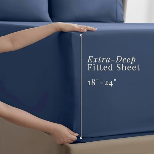 Image of Hearth & Harbor Extra Deep Pocket Sheets - Fits Mattress 18-24 Inches Deep - Extra Deep Pocket Full Size Sets - 6 Piece Full Size - Full - Navy Blue