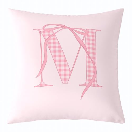 Cartoon Bowknot Kids Pillow Cover,Pink Bow Tie Letter M Cushion Cover 16