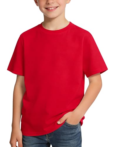 BOOPH Boys Shirts Short Sleeve T-Shirts Kids Basic Crew Neck Tops Casual Cotton Tees Clothes 7-8 Years Red