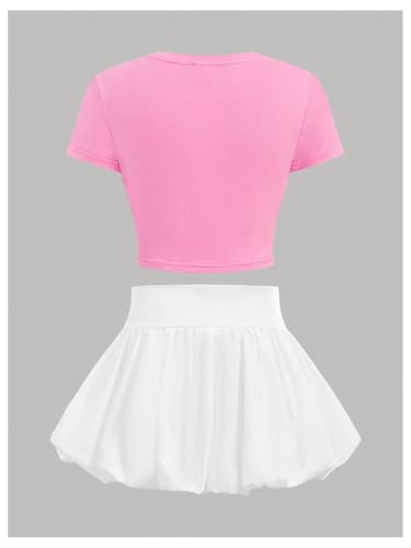Image of Verdusa Girl's 2 Piece Bow Outfits Short Sleeve Fitted Crop Tops with Mini Bubble Skirt Set