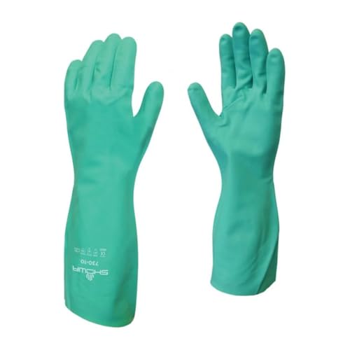 SHOWA 730 Chemical Resistant Gloves 15-mil Nitrile with Cotton Flock Liner 13-inch Extended Gauntlet Bisque Grip CE Cat III & Food Safe Green Large 1 Pair