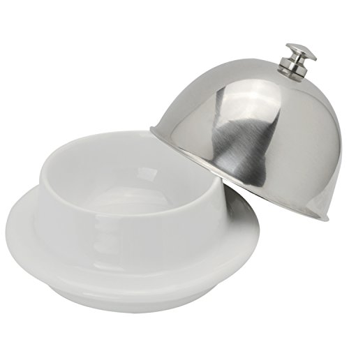 Sleek White Ceramic Butter Dish/Small Hors d'oeuvre Serving Tray w/Stainless Steel Lid Cover