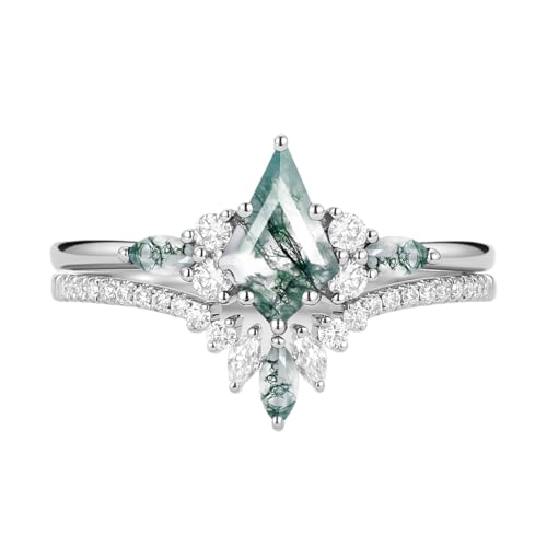 1.5 Carat Moss Agate Wedding Ring Set for Women - Kite Cut Moss Agate Bridal Sets Wedding Rings White Yellow Rose 10K 14K 18K Gold Vintage Promise Anniversary Ring Set