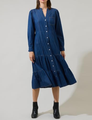 Women Casual Long Denim Dress Babydoll Ruffle Long Sleeve Button Down Jean Shirt Midi Dresses with Belt3
