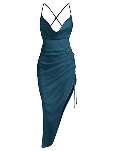 ZAFUL Womens Spaghetti Strap Sleeveless Satin Asymmetrical Cinched Split Slip Midi Dress (cc-Deep Green, M)