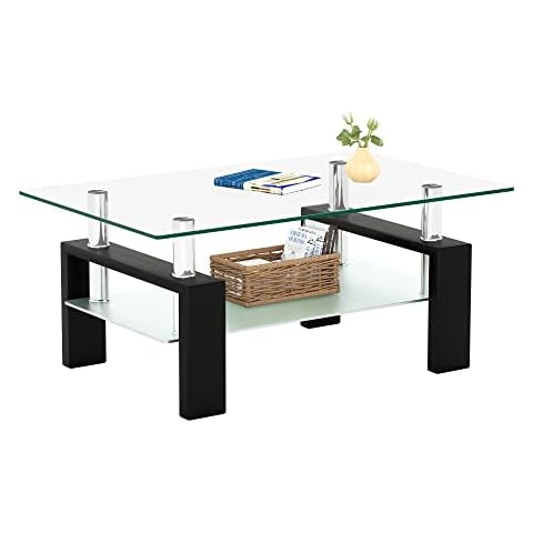 Meihua Rectangle Glass Coffee Table 2-Tier Tea Table Modern Side Coffee Table for Living Room Black Cover