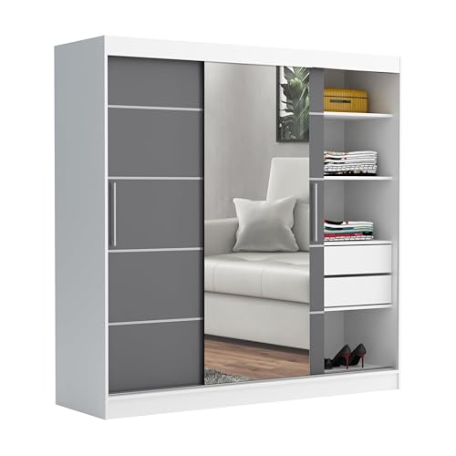 Brent - Kleiderschrank mit Spiegel und Schubladen 200cm Breit Chelsea Tomy, Schwebetürenschrank, Scâ€¦ – Miniatur