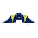 Tenda da Campeggio 570x385x170 cm per 9 Persone, 3 Scomparti in Poliestere Blu e Giallo con Zanzariera e Finestre