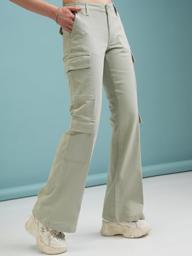 Image of Tokyo Talkies Women's Flared Cargos Trousers | Stretchable Trousers|Mid-Rise