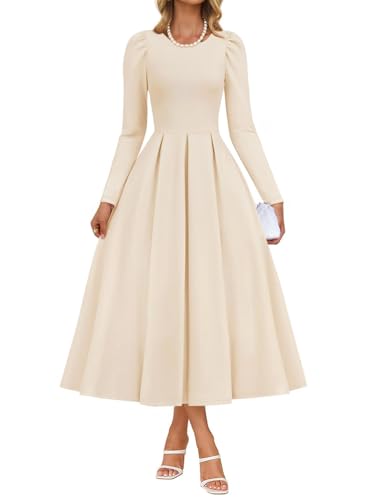 ZESICA Women's Long Sleeve Midi Dresses 2026 Spring Elegant Crewneck