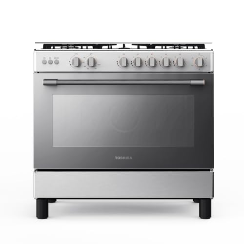 TOSHIBA 90x60 cm Freestanding Gas Cooker, 115L Oven with 5 burners, Full-Safety, Auto Ignition, ast Iron Pan Support, Glass Top Lid, Stainless Steel, RL2-90G5GE(MR)