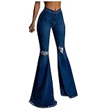 SumLeiter Damen Jeans Schlaghosen Modische zerrissene Glockenhose Lang Stretch Skinny Jeanshose Farbe Stretch-Denim-Hose Elegant High Waist Weites Bein Hüfthose Schlagjeans 70er Streetwear