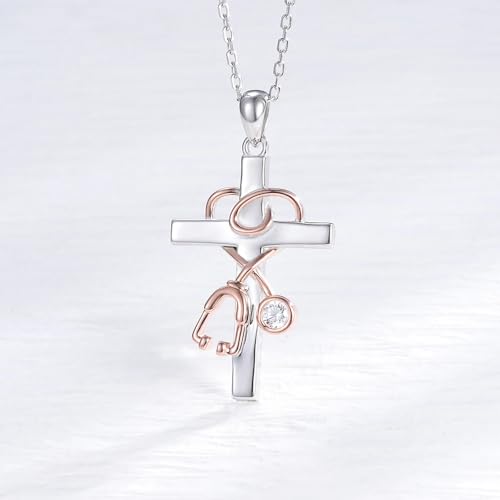 Collier croix stéthoscope argent 925, bijou catholique durable - 2