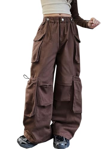 Image of Girls Cargo Pants Wide-Leg Straight Streetwear, 6-14 Years | Elastic Drawstring Vintage Baggy Pants Y2K School Casual