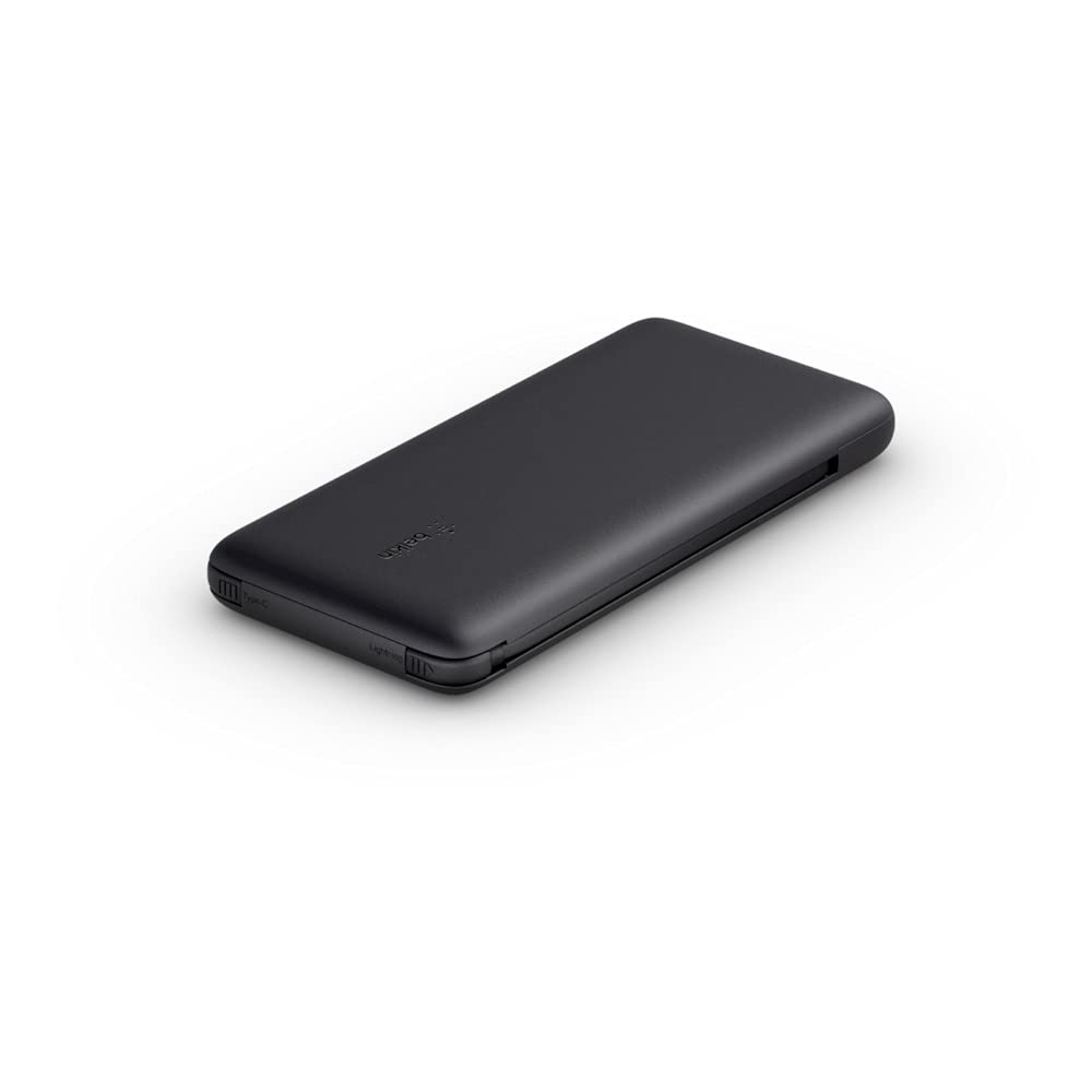 Belkin BoostCharge Plus Cargador Portátil Batería Externa 10K (10 000 mAh con Cables Integrados Lightning MFI y USB-C y un Puerto USB-C Adicional, para iPhone 14 Serie y Modelos Anteriores), Negro