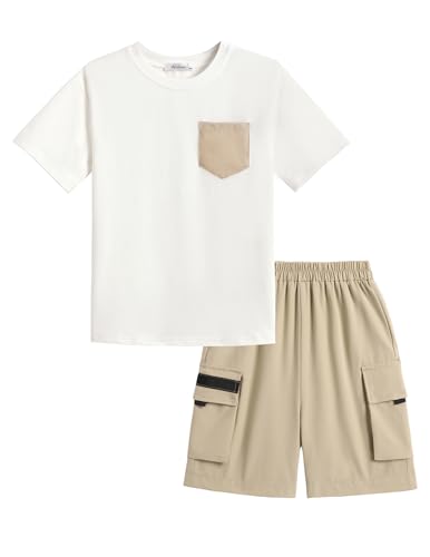 Image of Arshiner Boys' 2-Piece Cotton Outfit Short Sleeve Crewneck T-Shirt & Cargo Shorts Set Summer Casual Clothes for Kids 5-13