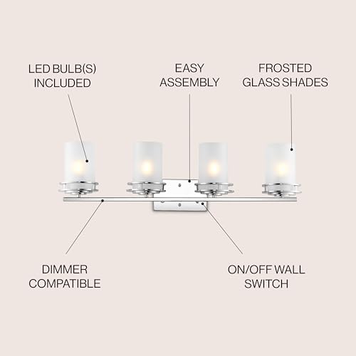 Image of JONATHAN Y Fairfax 4-Light Bathroom Vanity Light 32 inch Metal /Glass, Chrome | Art Deco Style, Frosted White Cylinder Shades, Dimmable, LED Bulbs Included, Hardwired Mirror Wall Sconce