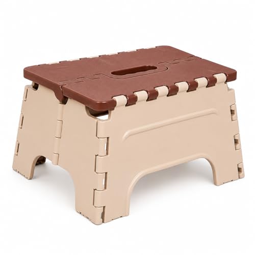 Image of 7 Inches Foldable Plastic Step Stool for Home & Kitchen, Portable Non-Slip Folding Stool, Heavy Duty Multipurpose Foot Rest for Bathroom, Office & Outdoor Use (Brown-Ivory)
