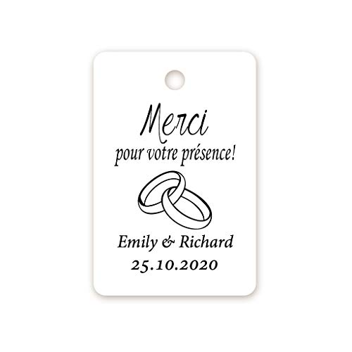 50 étiquettes cadeaux PERSONNALISÉES pour mariage - Merci pour votre présence! 40MMx60MM Rectangle Papier Étiquettes COUPLE ANNEAUX de fête de fiançailles pour dragees/cartes/cadeaux/Fête - Tag 032 Cover