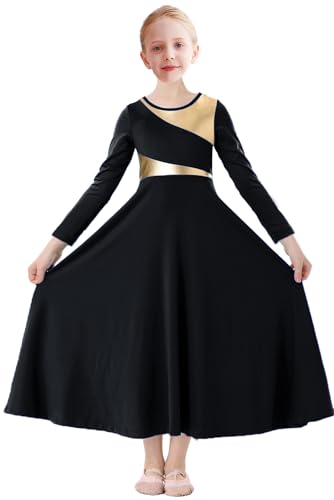 ORIDOOR Girls Praise Dance Dress Metallic Gold Liturgical Worship Church Robe Full Length Swing Lyrical Costume,Black,Tag130,7-8Years