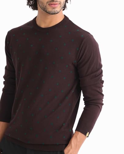 Image of Rare Rabbit Men's Flock Maroon Viscose Polka Print Relaxed Fit Full Sleeve Crew Neck Sweater