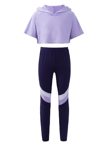 Kids Girls Gymnastics Outfits Short Sleeve Crop Top with Leggings Set Running Athletic Sportwear