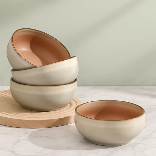 Ava Nord Stoneware Ceramic Cereal Bowls Set Of 4, 21 Oz | Lead-Free, Cadmium-Free | Microwave And Dishwasher Safe | For Soup, Salad, Rice, Dessert, Ice Cream | Nordic Design | Terracotta/Sage Ash