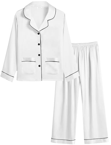 SWOMOG Girls Silk Pajamas Set Kid Satin Pj Set Long Sleeve Sleepwear with 2 Pockets Button-Down Lounge Sets Nightwear