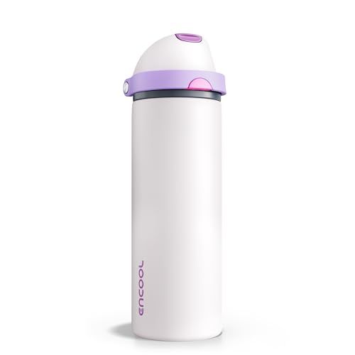 Image of Insulated Water Bottle with Straw - Encool Stainless Steel Water Bottle with Push Button Lid, Leak-Proof & BPA-Free, Keeps Cold for 24 Hours for Sports, Travel, Gym (24 oz, Oyster Pink)