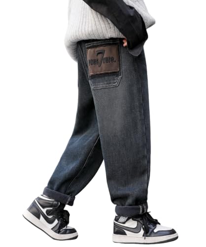 Kids Boys Baggy Cotton Jeans Y2K Elastic Waist Straight Wide Leg Loose Fit Cargo Denim Pants with Pockets