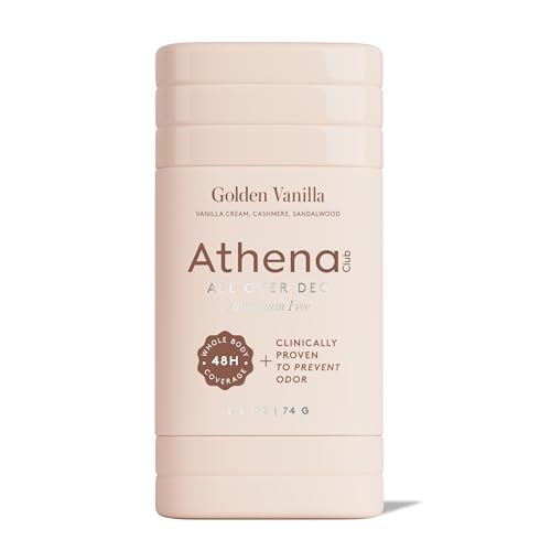 Athena Club All Over Deo Natural Deodorant Stick for Women Aluminum Free Whole Body Deodorant 48 Hour Odor Protection Goes On Clear Golden Vanilla Scent 2.6 oz