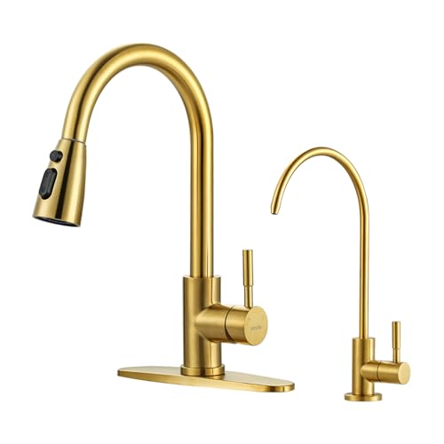 Kitchen Faucet and Water Filter Faucet Combo, WOWOW Stainless Steel Kitchen Sink Faucet with Drinking Water Faucet for Reverse Osmosis or Water Filtration System, Brushed Gold