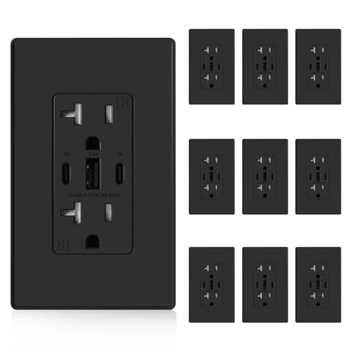 Image of ELEGRP USB Outlets, 30W 6.0 Amp USB C Outlets Receptacles, 3-Port USB Wall Outlet, 20 Amp Tamper-Resistant Outlet with 2 USB C Ports, UL Listed, Screwless Wall Plate Included, 10 Pack, Matte Black