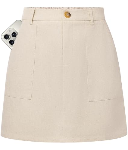 Kate Kasin Womens Mini Skort Dressy Casual High Waist Linen Short Skirts with Shorts Underneath Lightweight Business Casual Outfits L Beige